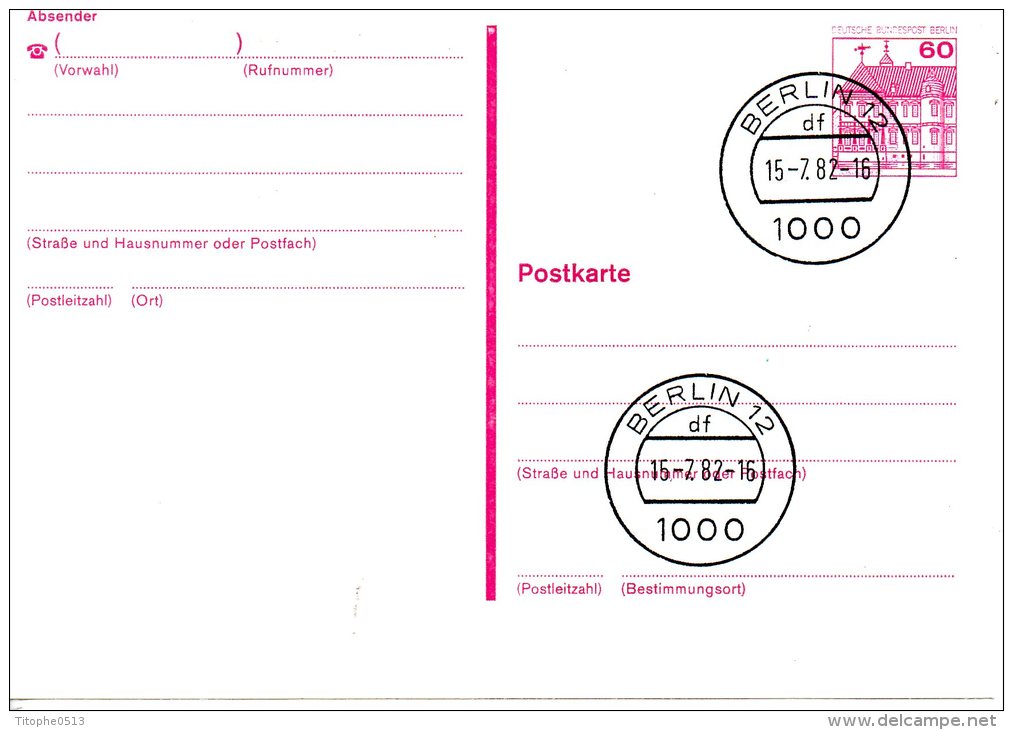 BERLIN. Carte Pré-timbrée Avec Oblitération De 1982. Château De Rheydt. - Postkarten - Gebraucht