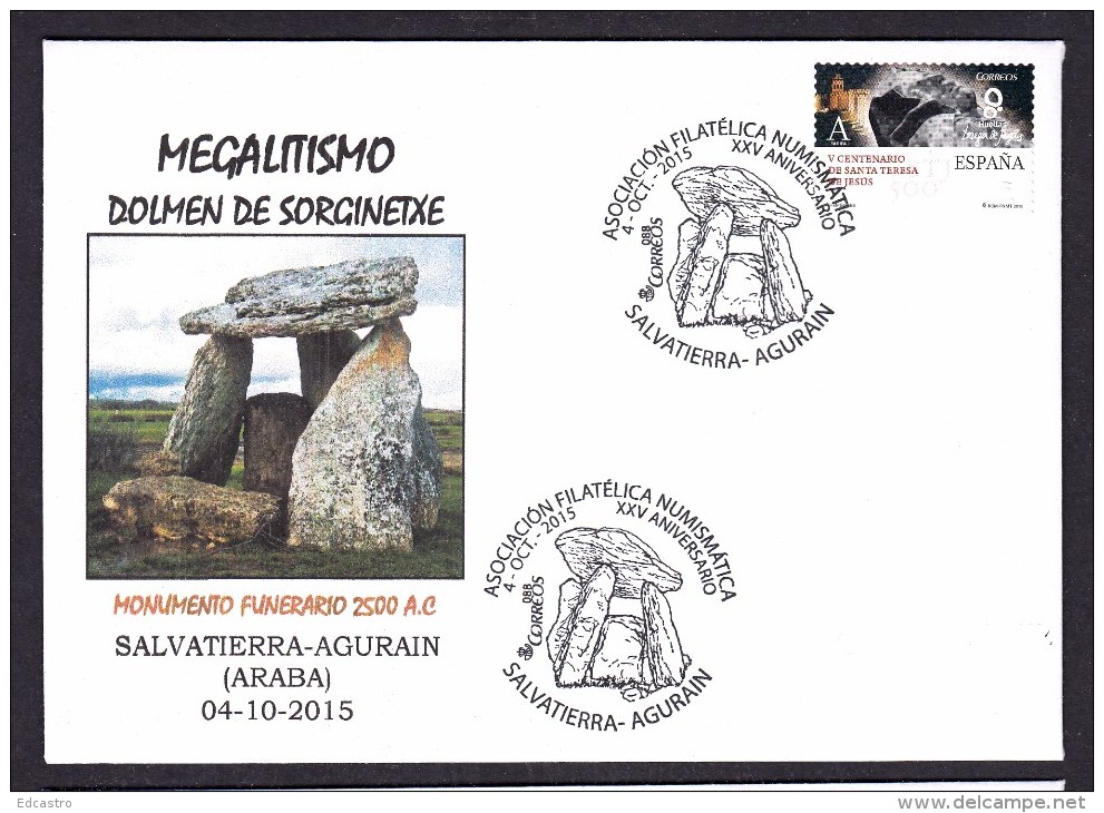 SPAIN ESPAGNE 2015. SPECIAL POSTMARK. ARCHEOLOGY. MAGALITHIC BUILDING DOMEN OF AURAIN. 2500 B.C - Archäologie