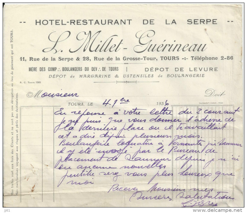 TOURS HOTEL RESTAURANT DE LA SERPE ETS L MILLET GUERINEAU DEPOT DE MARGARINE LEVURE ANNEE 1936 - Other & Unclassified