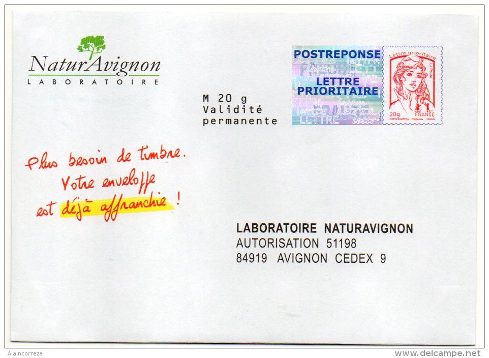 Entier Postal PAP Réponse Vaucluse Avignon Laboratoire NaturAvignon Autorisation 51198 N° Au Dos: 15P182 - Prêts-à-poster:Answer/Ciappa-Kavena