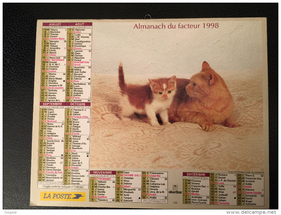 Calendrier Almanach Du Facteur 1998 , Chats Intérieur NORD Et Calendrier De La XXIème Coupe Du Monde De Football Franceb - Grand Format : 1991-00