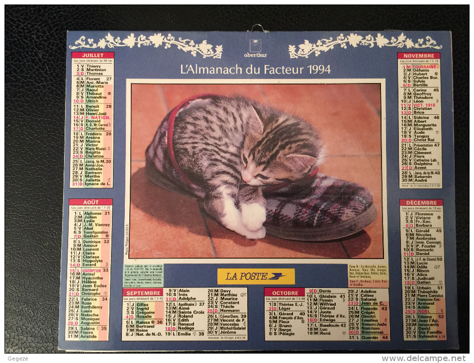 Calendrier Almanach Du Facteur 1994, Chats Intérieur PARIS - Grand Format : 1991-00