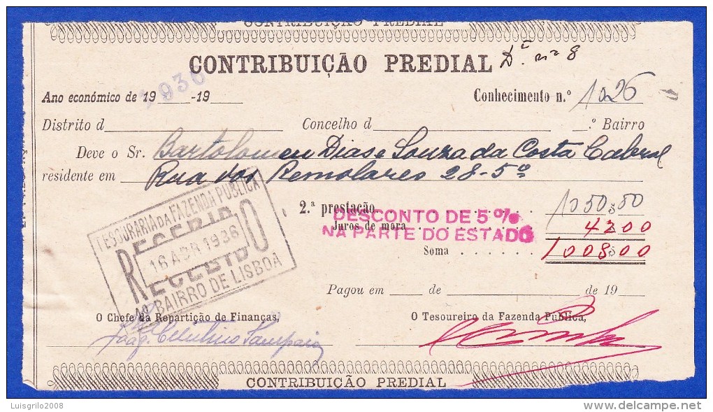 1936 - CONTRIBUIÇÃO PREDIAL -- CACHET - TESOURARIA DA FAZENDA PÚBLICA . 1º BAIRRO DE LISBOA - Covers & Documents