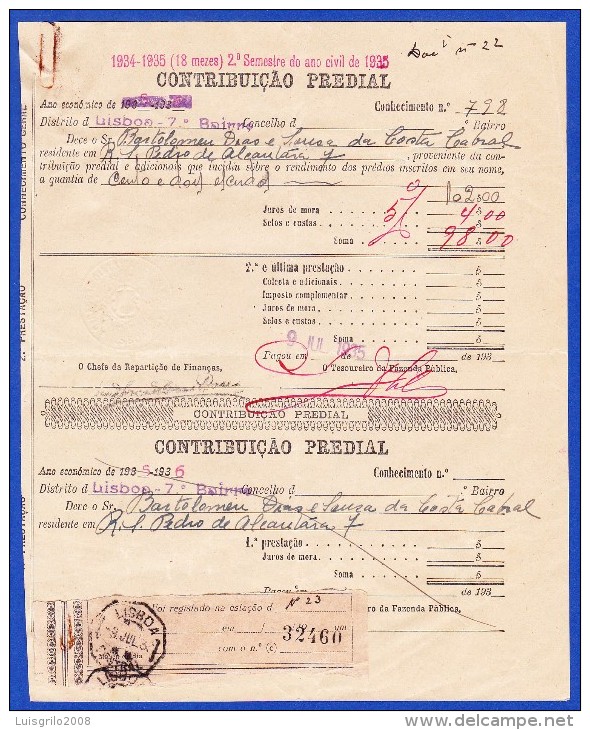 1935 - CONTRIBUIÇÃO PREDIAL -- CACHET - LISBOA . CENTRAL, 9.JUL.35 - Briefe U. Dokumente