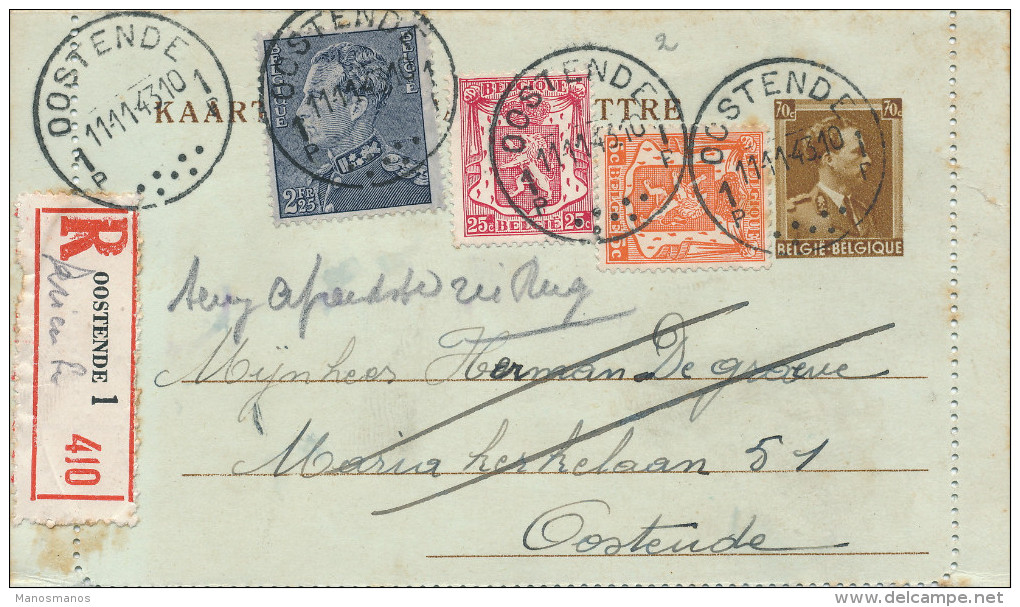 599/23 - Carte-Lettre RECOMMANDEE Col Ouvert + TP Complémentaires , Dont Poortman OOSTENDE 1943 - TARIF 3 F 25 - Cartas-Letras