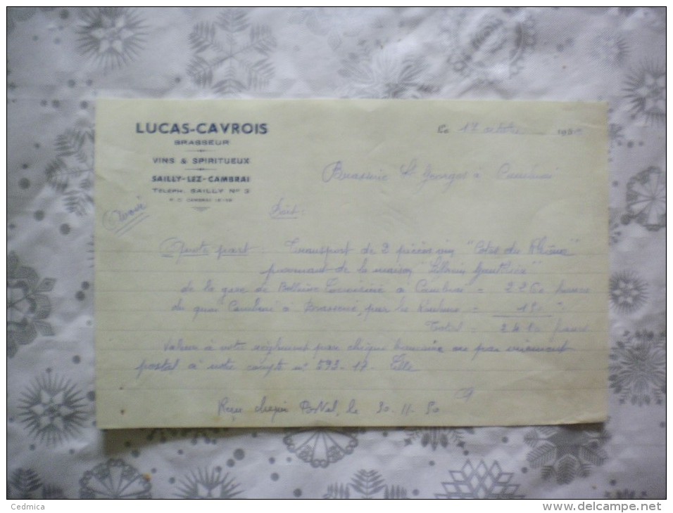 SAILLY LEZ CAMBRAI LUCAS-CAVROIS BRASSEUR VINS & SPIRITUEUX COURRIER DU 17 OCTOBRE 1950 - 1950 - ...