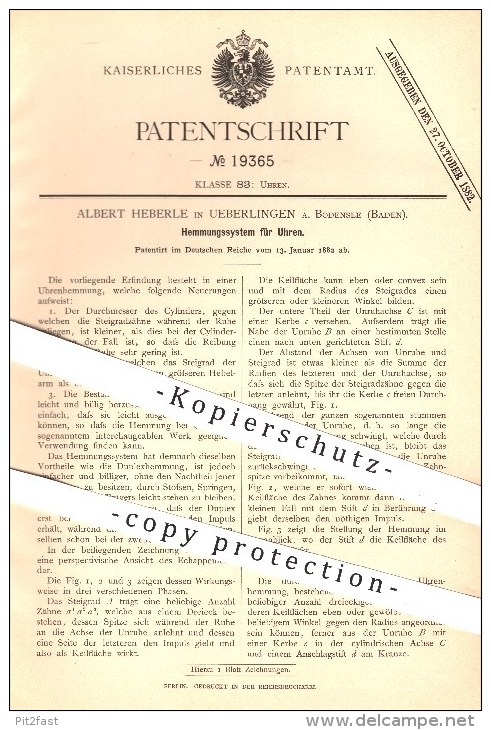 Original Patent - Albert Heberle In Überlingen Am Bodensee , 1882 , Hemmungssystem Für Uhren , Uhr , Uhrwerk , Uhrmacher - Historische Dokumente