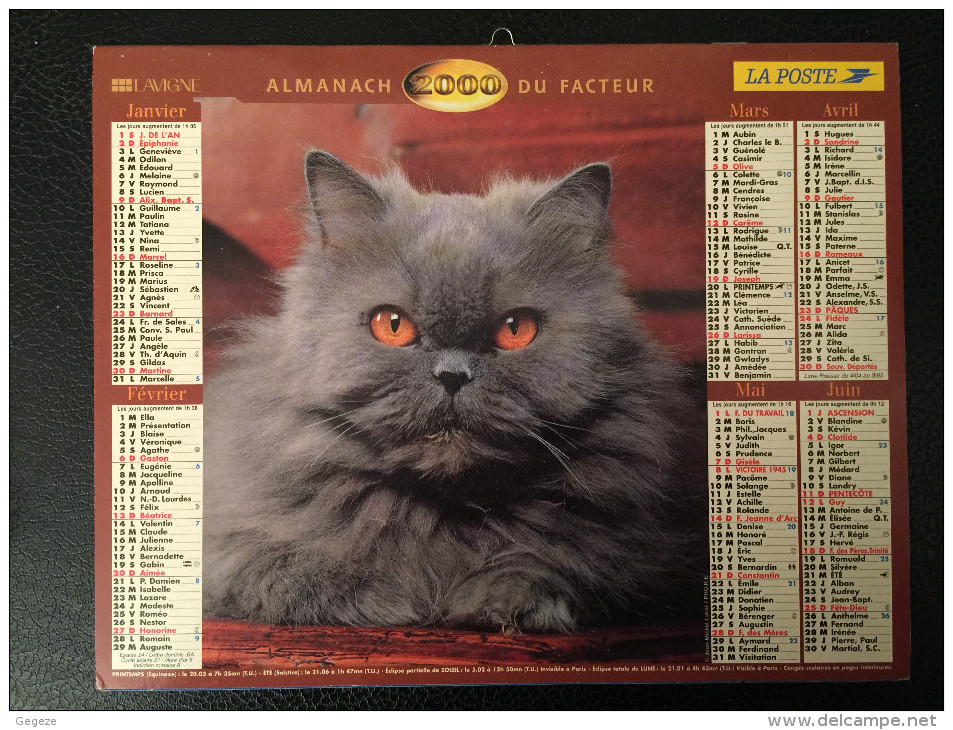 Calendrier Almanach Du Facteur 2000 , CHATS , Région Parisienne + EncartSciences Et Technique Du 21ème Siècle - Grand Format : 1991-00