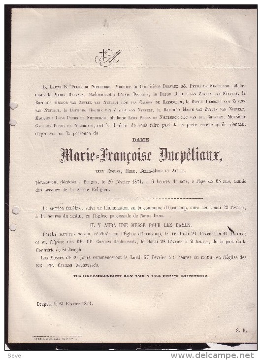 BRUGES OOSTKAMP Marie-Françoise DUCPETIAUX épouse PEERS De NIEUBURGH 65 Ans En 1871 Doodsbrief - Décès