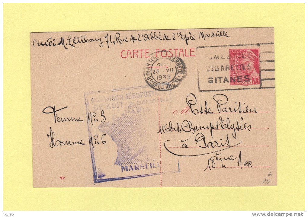 1ere Liaison Aeropostale De Nuit - Marseille Paris - 1939 - 1960-.... Storia Postale