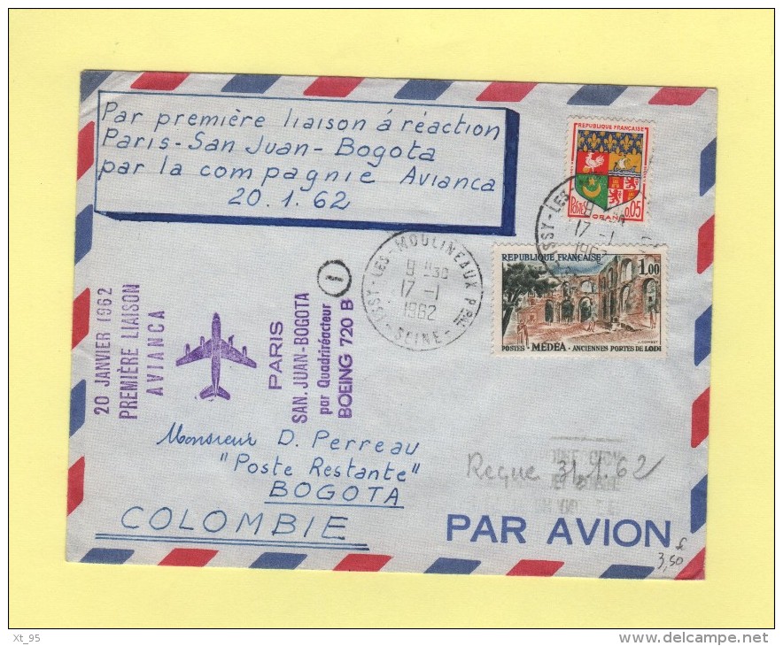 1ere Liaison Paris Bogota - Boeing - 17-1-1962 - 1960-.... Lettres & Documents