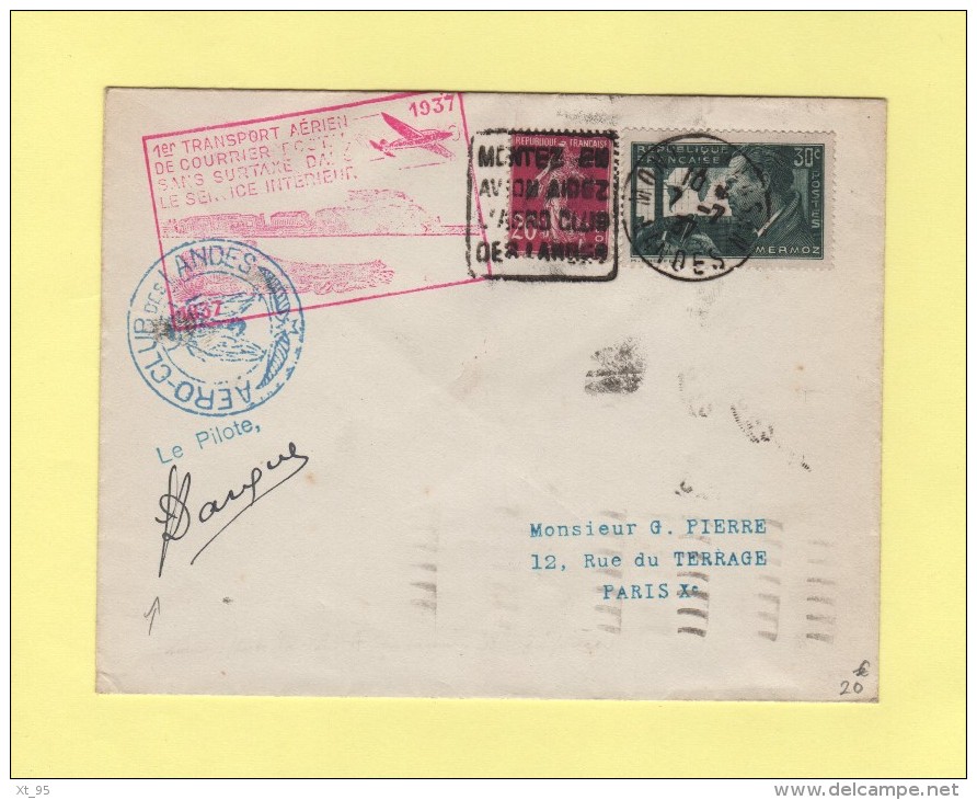 1er Transport Sans Surtaxe - Montmarsan Paris - 1937 - Signature Du Pilote - 1960-.... Storia Postale