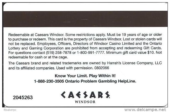 Gift Card From The Caesars Windsor Casino In Ontario Canada - Gift Cards