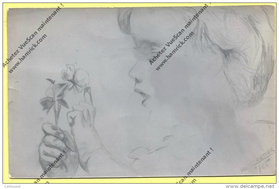 CHARRETIER Michèle DESSIN De Petite Fille (Carte Ecrite Par L´Artiste à Sa Grand Mère ) 1/55 - Portraits