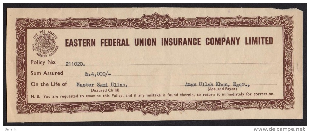 The Eastern Federal Union Insurance Company, Pakistan, Old Revenue Document 1978 - Bank & Insurance