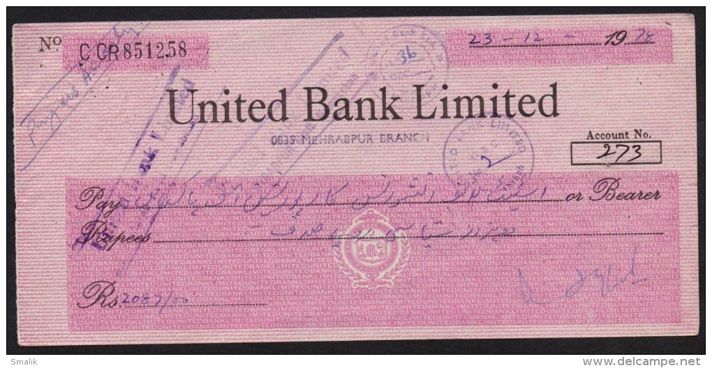 United Bank Limited, Mehrabpur Branch, Cheque Frim State Life Insurance 1978 - Bank & Insurance