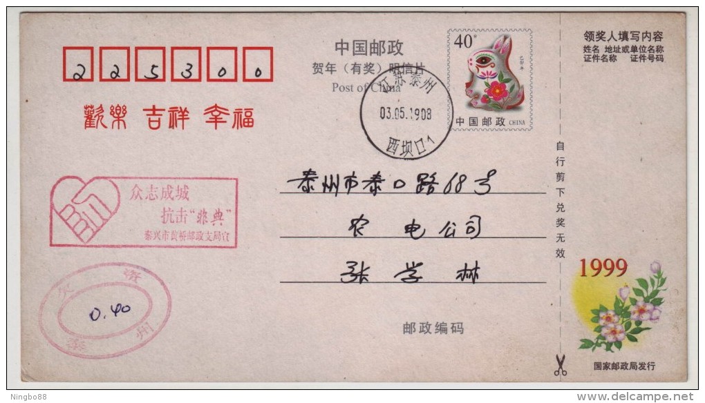 Defeat Sars,Hands By Hands,China 2003 Taizhou Prevention Of Atypical Pneumonia Propaganda Postmark Used On Card - Disease