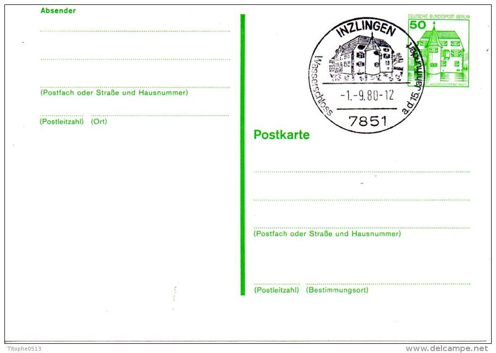 BERLIN. Carte Pré-timbrée Avec Oblitération De 1980. Château De Inzlingen. - Postkaarten - Gebruikt