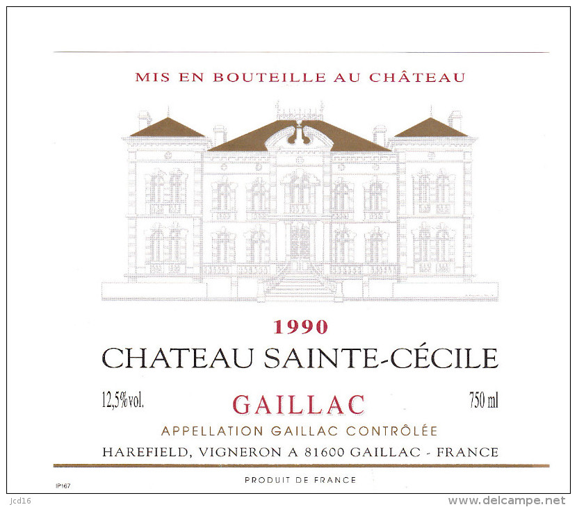 ETIQUETTE NEUVE VIN GAILLAC Château Sainte Cécile 1990 HAREFIELD Vigneron à GAILLAC 81600 - Gaillac