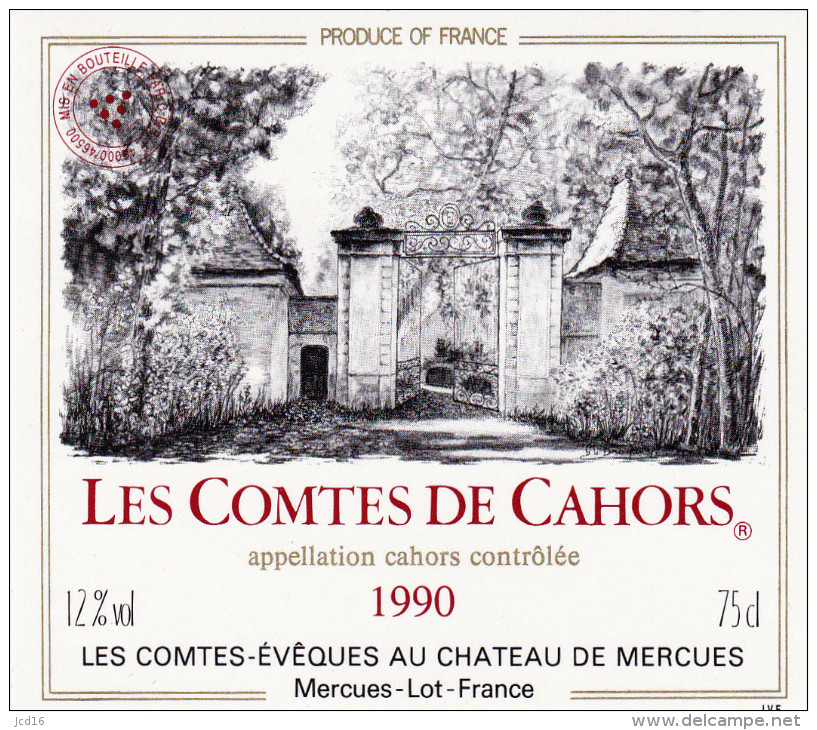 ETIQUETTE NEUVE VIN CAHORS Les Comtes De Cahors 1990 LES COMTES EVEQUES AU CHATEAU DE MERCUES - Cahors