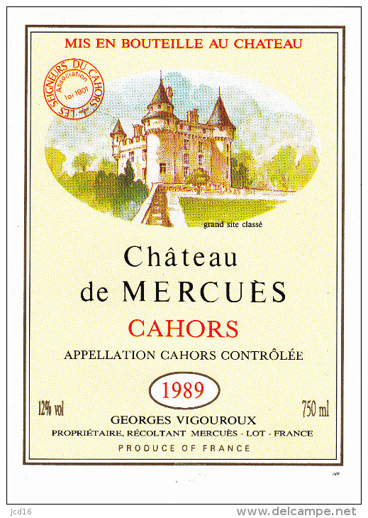 ETIQUETTE NEUVE VIN CAHORS Château De Mercuès 1989 Vigouroux Propiétaire à Mercuès Lot - Cahors