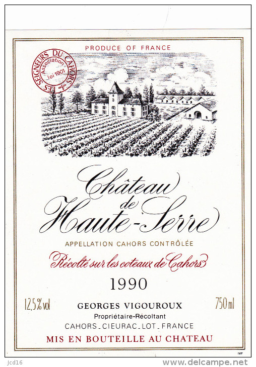 ETIQUETTE NEUVE VIN CAHORS Château De Haute Serre 1990 Vigouroux Propiétaire à Cieurac Lot - Cahors