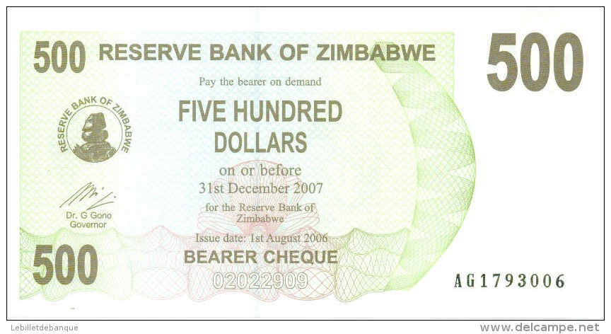 Billet Zimbabwe 500 Dollars NEUF - Simbabwe