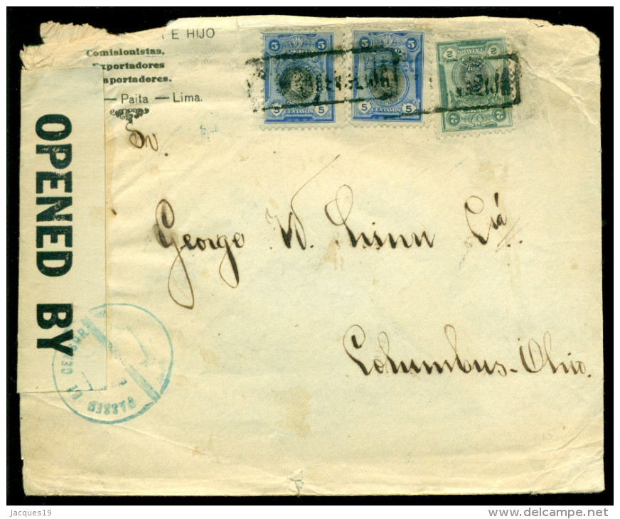 Peru 1918 Cover From Paita To Columbus (OHIO) Opened By Censor - Perú