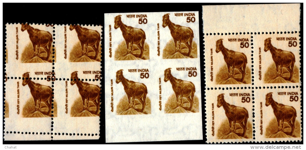 WILD LIFE-NILGIRI TAHIR-GOAT-IMPERF, PERFORATION ERROR & NORMAL-3 X BLOCKs OF 4-INDIA-MNH-B6-767 - Variétés Et Curiosités