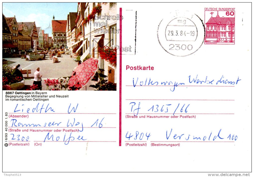 ALLEMAGNE. Carte Pré-timbrée Ayant Circulé En 1984. Oettingen In Bayern. - Cartes Postales Illustrées - Oblitérées
