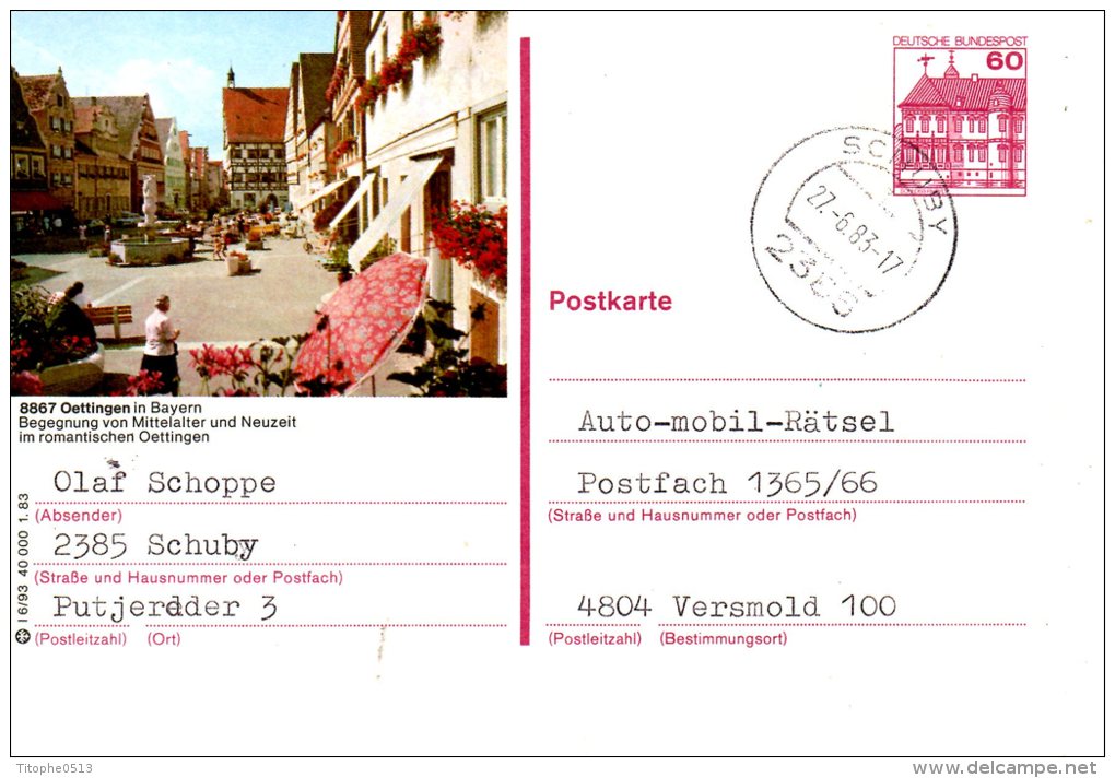 ALLEMAGNE. Carte Pré-timbrée Ayant Circulé En 1983. Oettingen In Bayern. - Cartes Postales Illustrées - Oblitérées