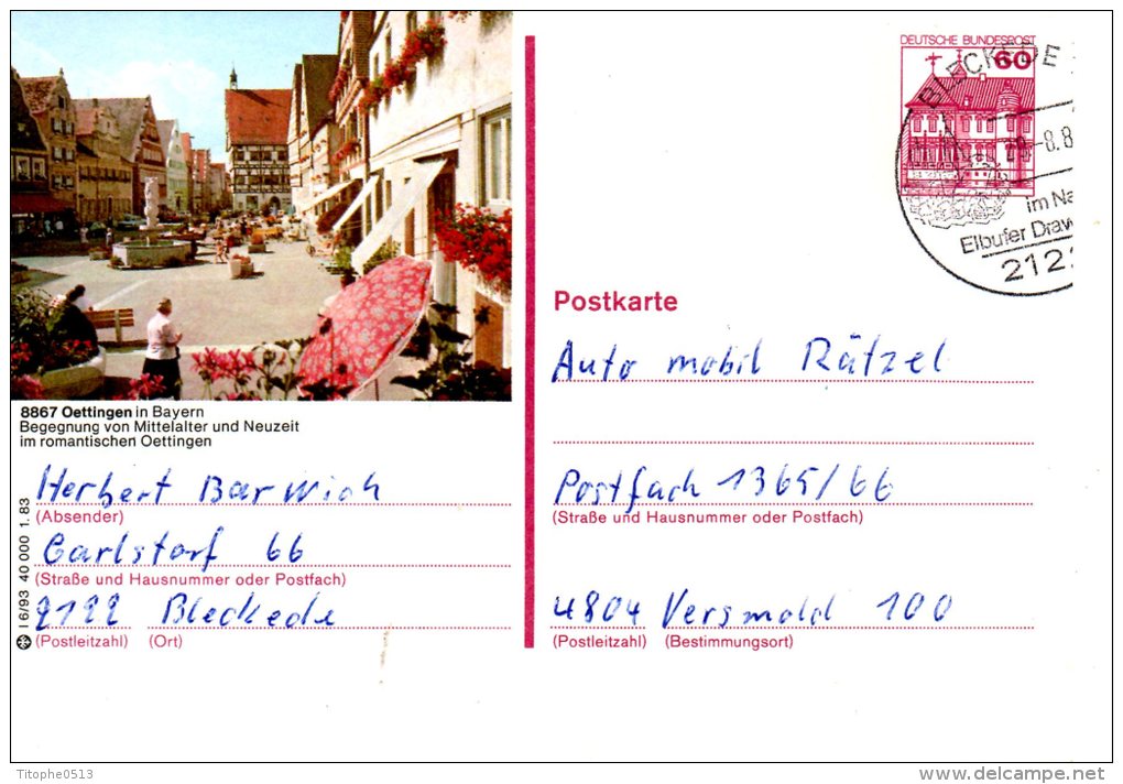 ALLEMAGNE. Carte Pré-timbrée Ayant Circulé. Oettingen In Bayern. - Illustrated Postcards - Used