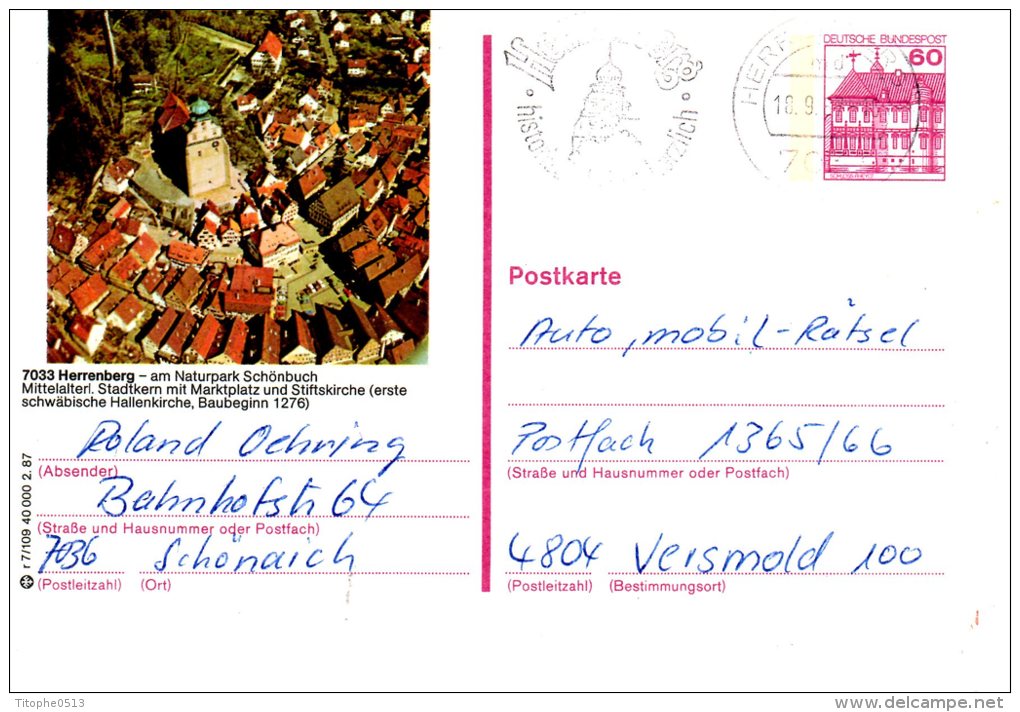 ALLEMAGNE. Carte Pré-timbrée Ayant Circulé En 1983. Herrenberg. Belle Oblitération. - Illustrated Postcards - Used