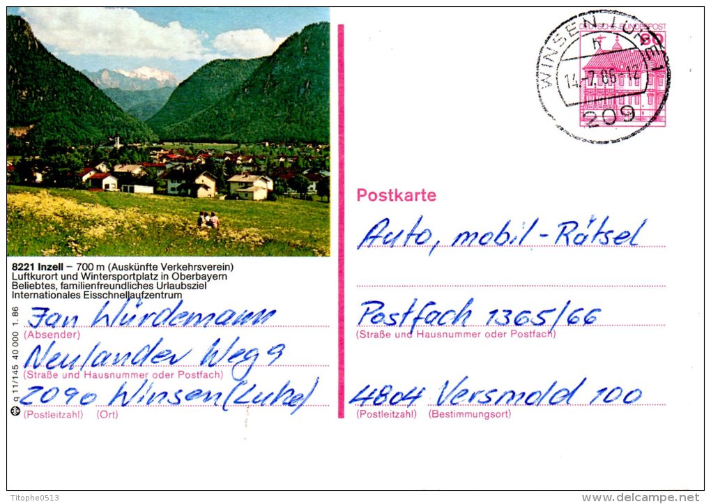 ALLEMAGNE. Carte Pré-timbrée Ayant Circulé En 1986. Inzell. - Illustrated Postcards - Used