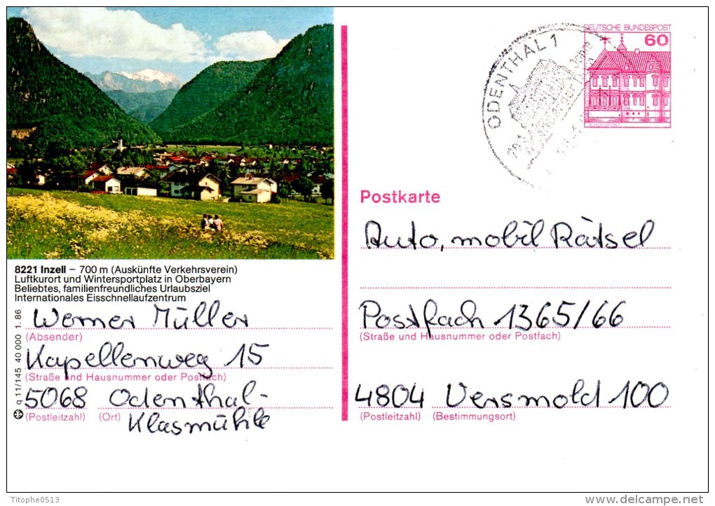 ALLEMAGNE. Carte Pré-timbrée Ayant Circulé En 1986. Inzell. Oblitération : Odenthal/Alternberg Dom - Illustrated Postcards - Used