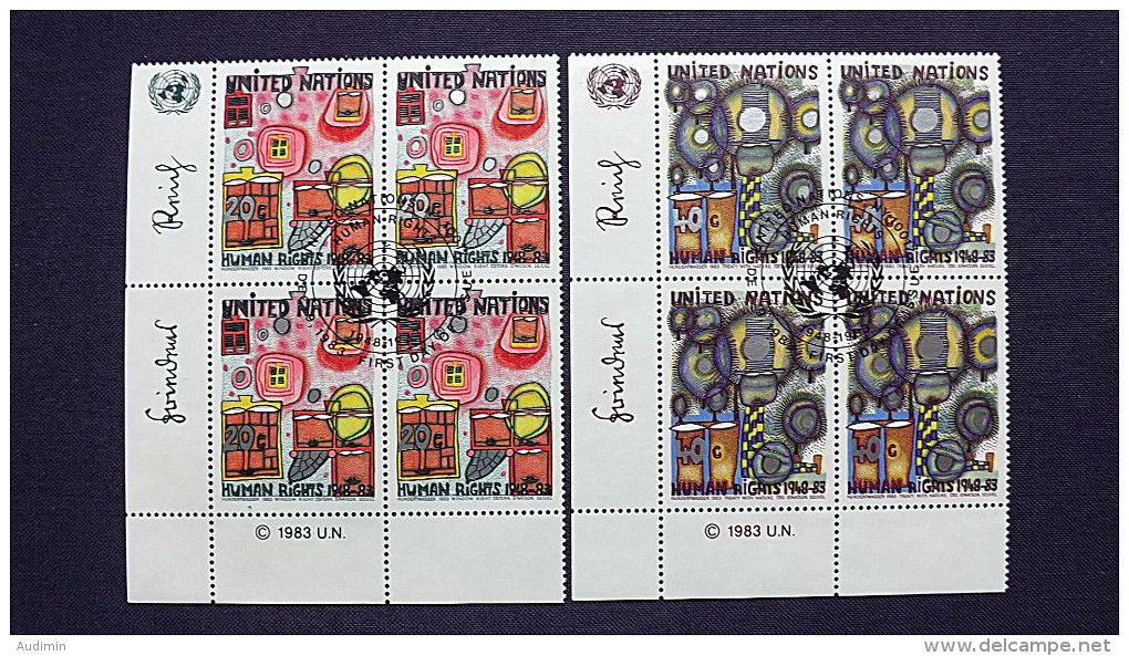 UNO-New York 438/9 Yv 406/7 Sc 415/6 Oo/FDC.cancelled EVB ´C´,35 Jahre Menschenrechte, Gem. Von F. Hundertwasser - Gebruikt