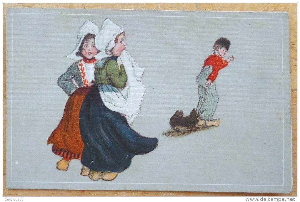 CPA Litho  ILLUSTRATEUR GOM G.O.M. 1702 HARDY Enfant Enfants Folklore Hollande Et Chien Ecrite 1918 - Hardy, Florence