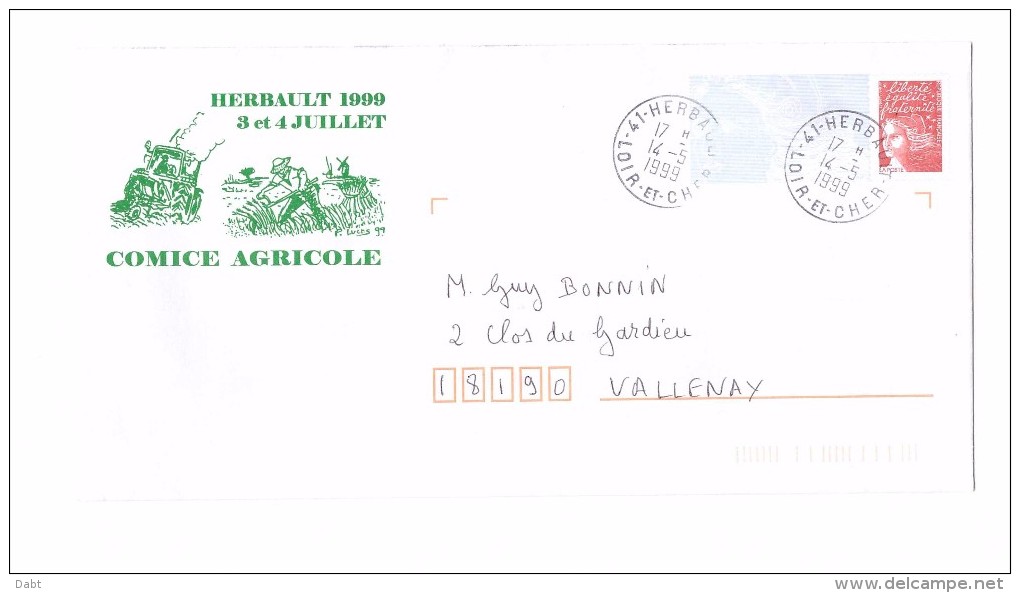 Lettre PAP Pret à Poster Marianne De Luquet 41 Herbault 1999 Comice Agricole Tracteur Paysan Agriculture Moisson - Prêts-à-poster: Repiquages Privés