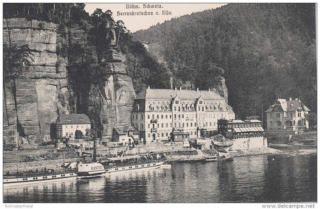 AK Böhmische Schweiz Hrensko Herrnskretschen Gasthof Herrnhaus Herrenhaus Dampfer Bastei Bei Schmilka Schöna Niedergrund - Sudeten