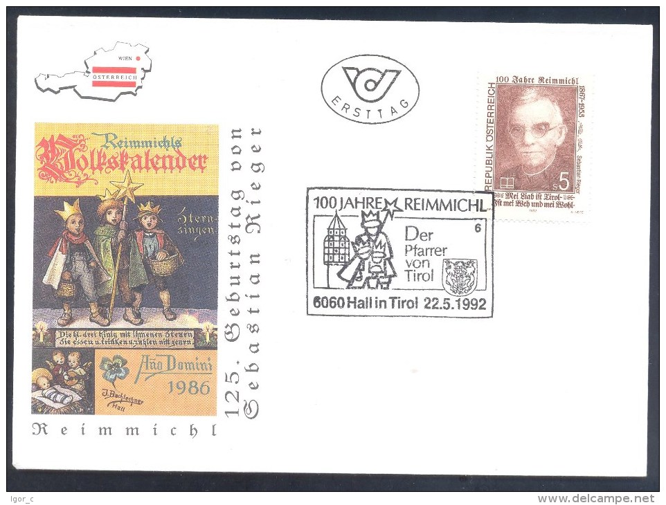 Austria Österreich 1992 Cover: Famous People, Sebastian Rieger Reimmichl, Writer Volksdichter Sternsingen Coat Of Arms - Writers