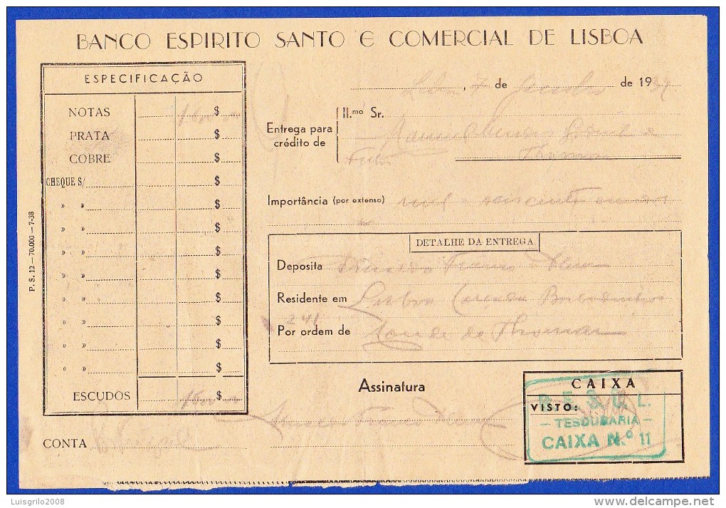 Portugal, Bank Deposit Document / Document Dépôt Bancaire - Banco Espirito Santo & Comercial De Lisboa, 1939 - Cheques & Traveler's Cheques