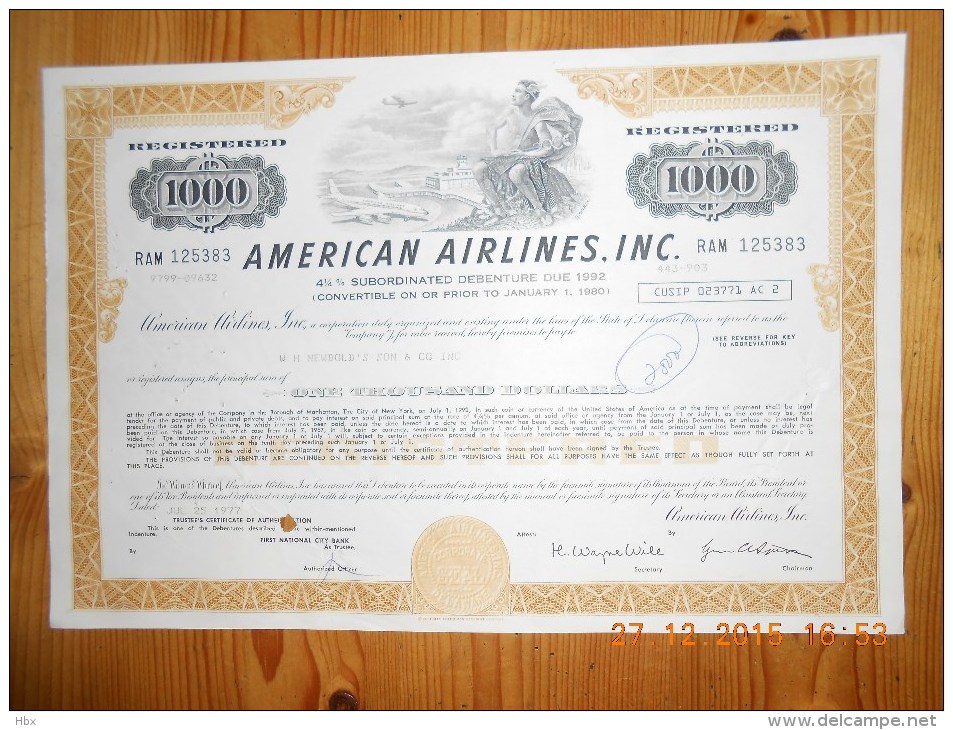 American Airlines - $1000 - 1977 - Aviation