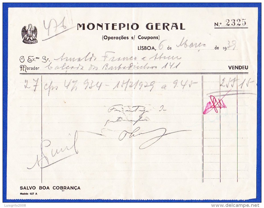 1939 . PORTUGAL - MONTEPIO GERAL, LISBOA -- OPERAÇÕES S/ COUPONS - Chèques & Chèques De Voyage