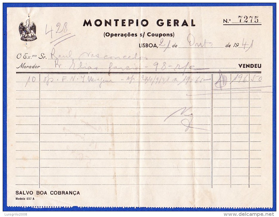 1941 . PORTUGAL - MONTEPIO GERAL, LISBOA -- OPERAÇÕES S/ COUPONS - Cheques & Traveler's Cheques