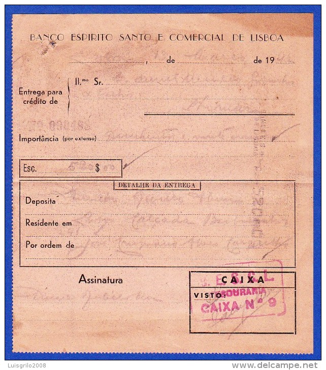 Portugal, Bank Deposit Document / Document Dépôt Bancaire - Banco Espirito Santo & Comercial De Lisboa, 1942 - Cheques & Traveler's Cheques