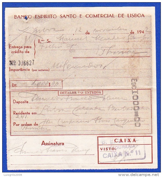 Portugal, Bank Deposit Document / Document Dépôt Bancaire - Banco Espirito Santo & Comercial De Lisboa, 1942 - Chèques & Chèques De Voyage