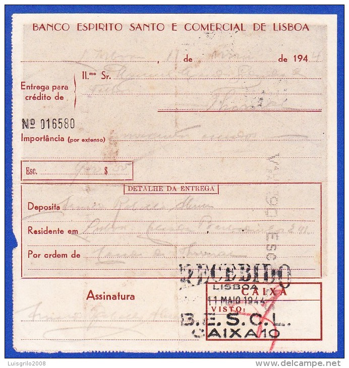 Portugal, Bank Deposit Document / Document Dépôt Bancaire - Banco Espirito Santo & Comercial De Lisboa, 1944 - Cheques & Traverler's Cheques