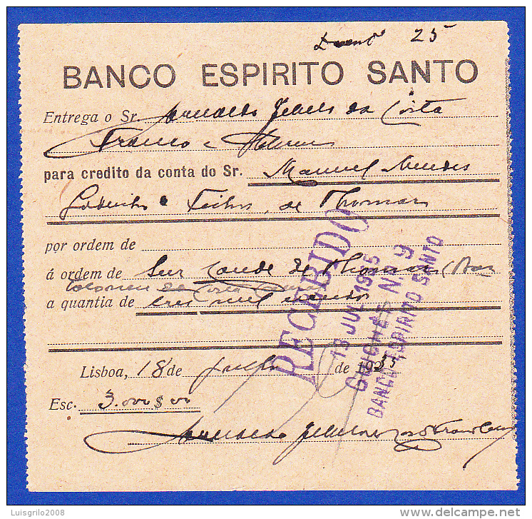 Portugal, Bank Deposit Document / Document Dépôt Bancaire - Banco Espírito Santo, 1933 - Schecks  Und Reiseschecks