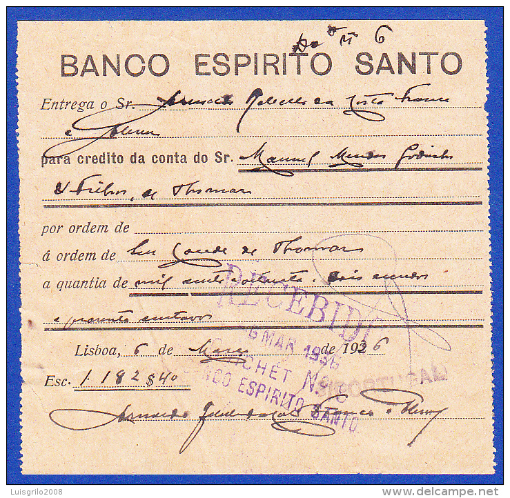 Portugal, Bank Deposit Document / Document Dépôt Bancaire - Banco Espírito Santo, 1936 - Cheques & Traveler's Cheques