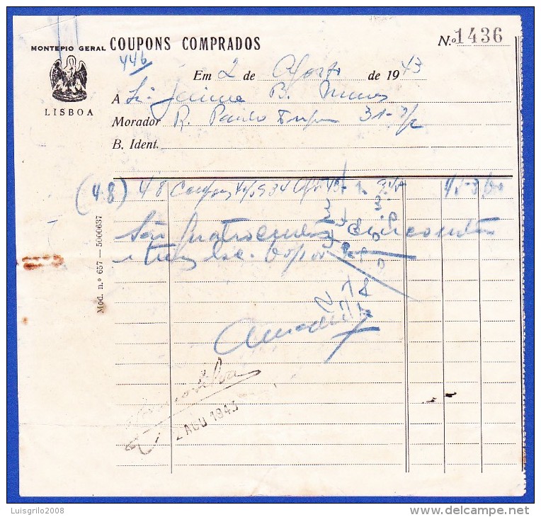 1943 . PORTUGAL - MONTEPIO GERAL, LISBOA -- COUPONS COMPRADOS - Cheques & Traveler's Cheques